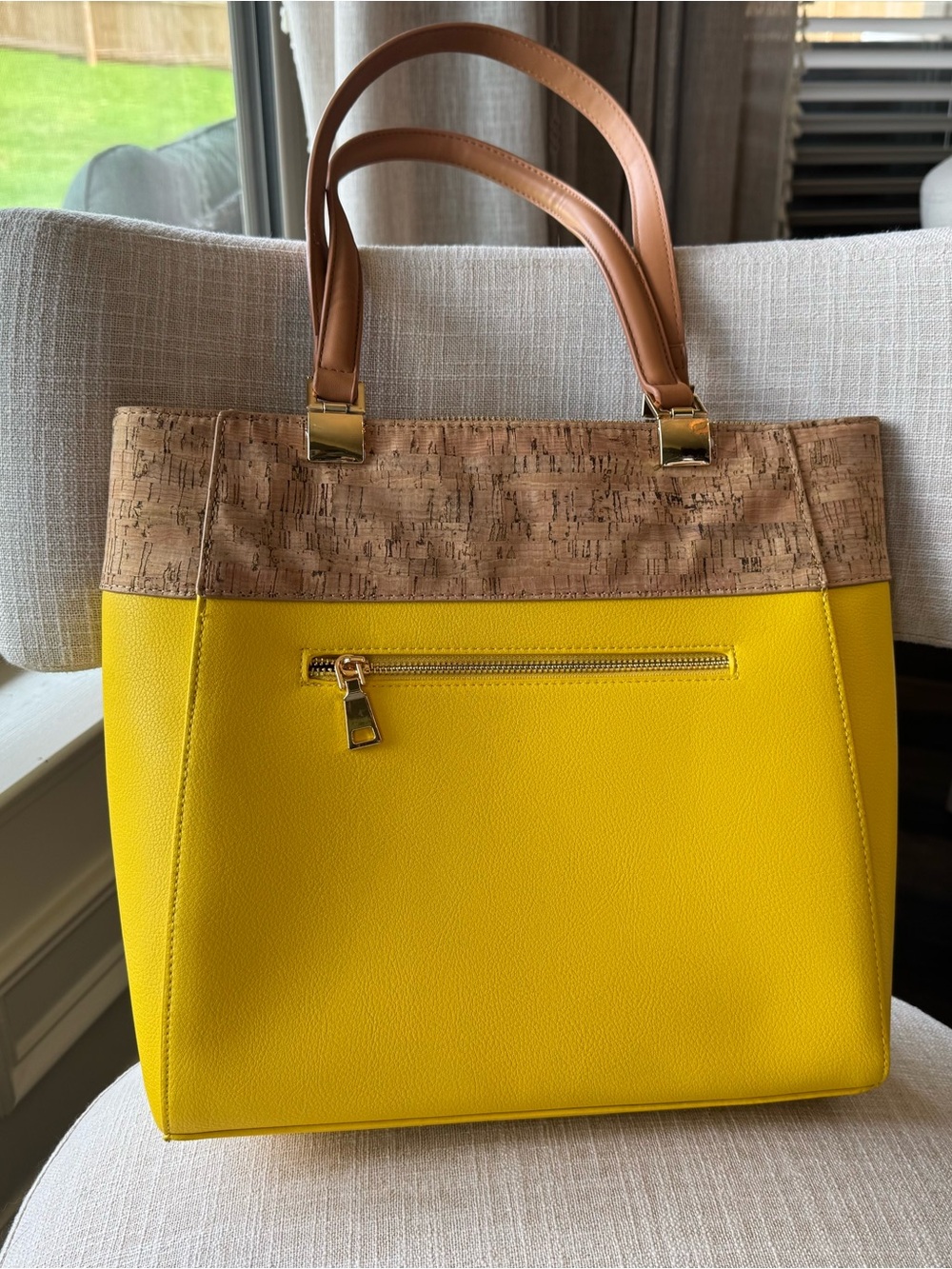 Miztique Yellow Tote with Cork Trim and Tan Handles